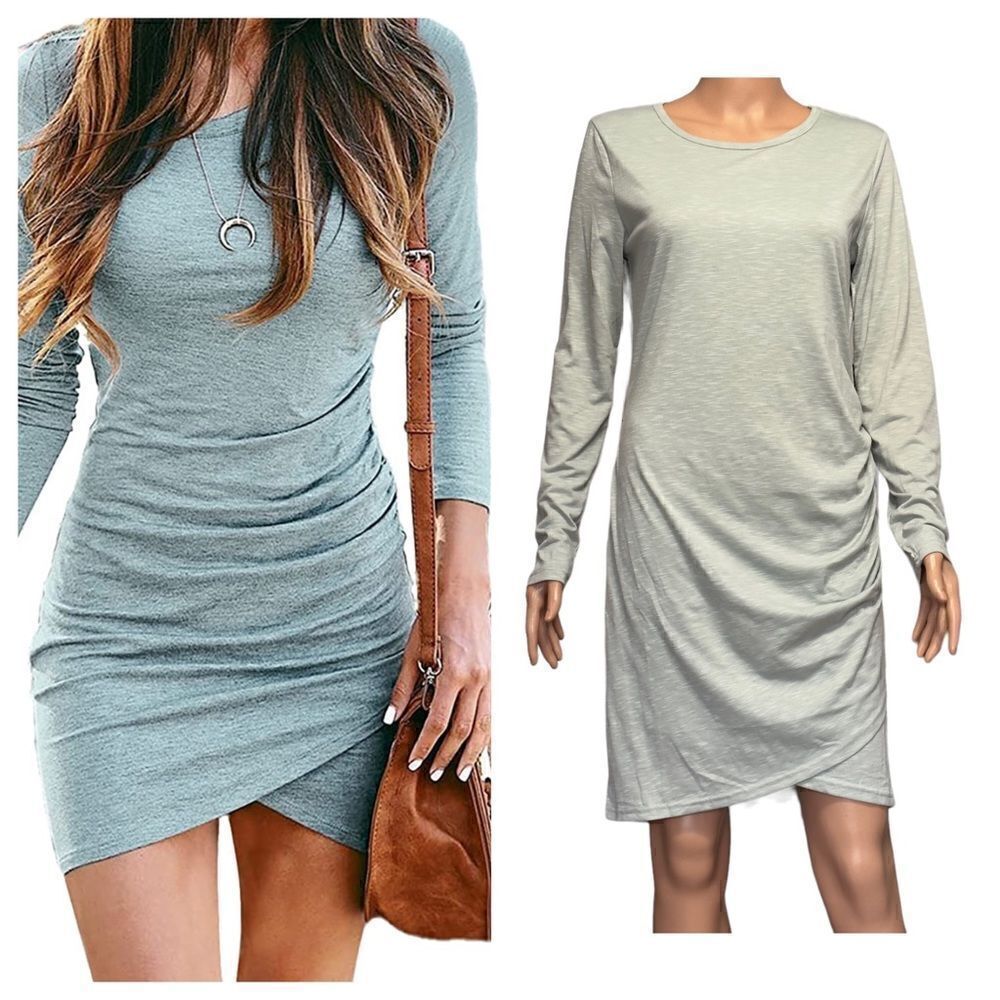BTFBM Ruched Bodycon Long Sleeve Wrap Style Dress MEDIUM